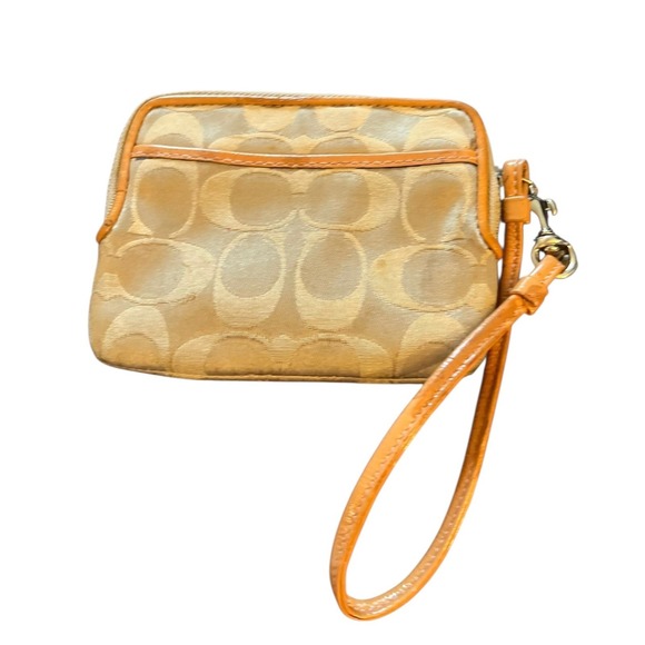 Coach Poppy Wristlet Tan Beige Gold Monogram‎ Logo Small Zip Pouch - Picture 2 of 3